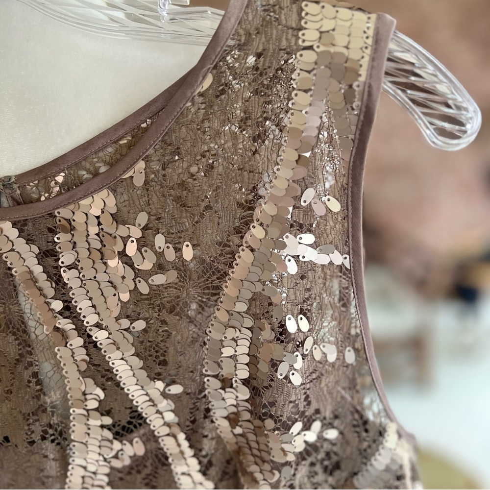 Adrianna Papell Taupe Champagne Lace Sequin Peplum Dress 14 Cocktail Glam - Picture 6 of 14